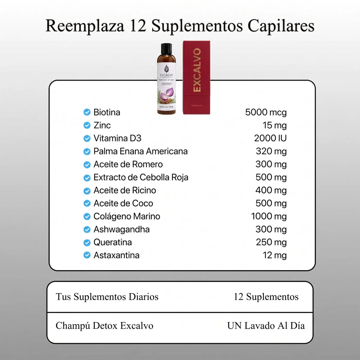 EXCALVO reemplaza 12 suplementos capilares