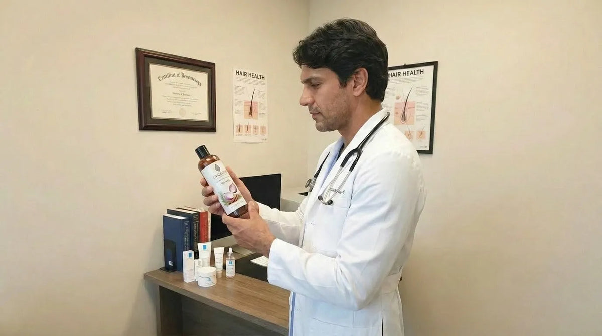 El Dr. Andrés Romero con el champú EXCALVO en consultorio