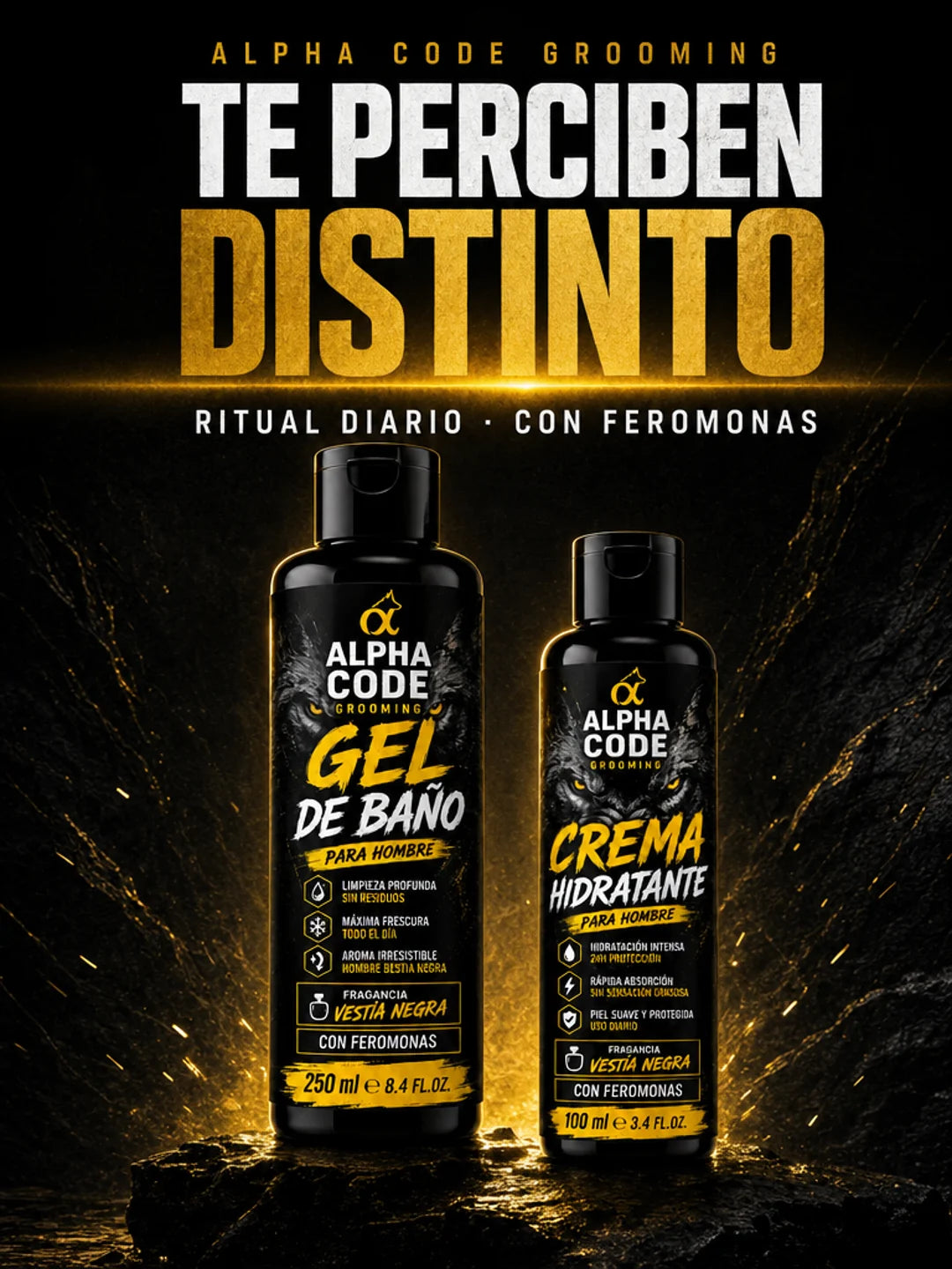 ALPHA CODE GROOMING — Te perciben distinto · Ritual diario con feromonas
